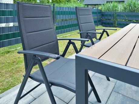 Meble ogrodowe obiadowe ze stołem 180cm i składanymi krzesłami (7 pozycji) - Kanbery Wood Antracite 8+1