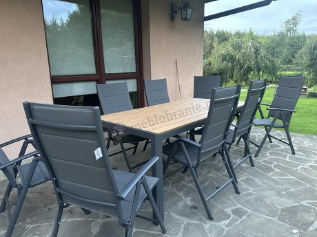 Meble ogrodowe obiadowe ze stołem 180cm i składanymi krzesłami (7 pozycji) - Kanbery Wood Antracite 8+1