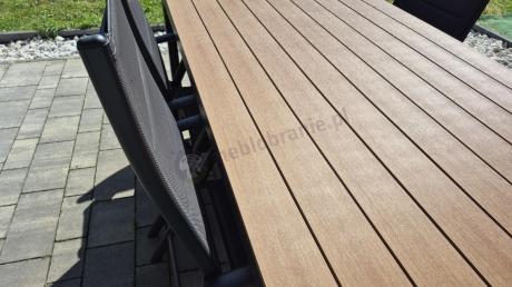 Meble ogrodowe obiadowe ze stołem 180cm i składanymi krzesłami (7 pozycji) - Kanbery Wood Antracite 8+1