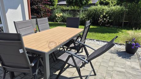 Meble ogrodowe obiadowe ze stołem 180cm i składanymi krzesłami (7 pozycji) - Kanbery Wood Antracite 8+1