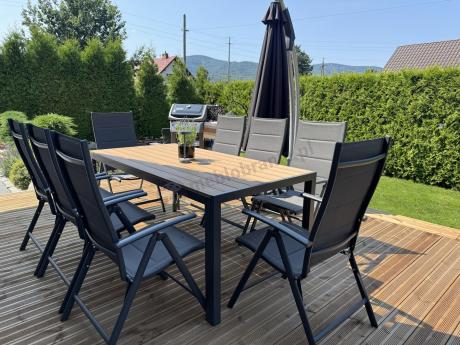 Meble ogrodowe obiadowe ze stołem 180cm i składanymi krzesłami (7 pozycji) - Kanbery Wood Antracite 8+1