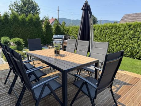 Meble ogrodowe obiadowe ze stołem 180cm i składanymi krzesłami (7 pozycji) - Kanbery Wood Antracite 8+1