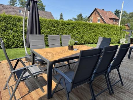 Meble ogrodowe obiadowe ze stołem 180cm i składanymi krzesłami (7 pozycji) - Kanbery Wood Antracite 8+1