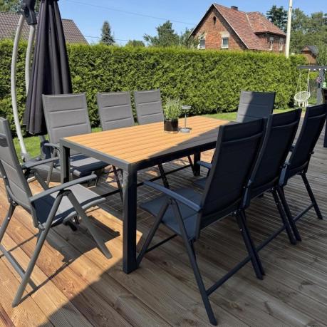 Meble ogrodowe obiadowe ze stołem 180cm i składanymi krzesłami (7 pozycji) - Kanbery Wood Antracite 8+1