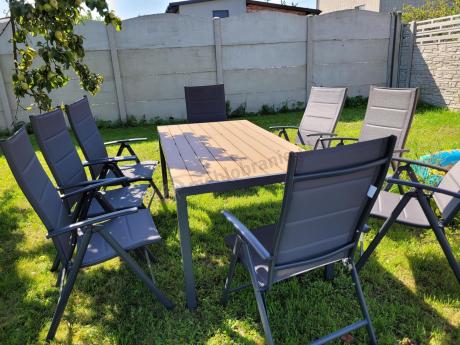 Meble ogrodowe obiadowe ze stołem 180cm i składanymi krzesłami (7 pozycji) - Kanbery Wood Antracite 8+1