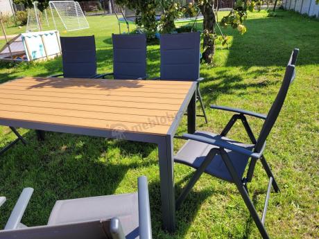 Meble ogrodowe obiadowe ze stołem 180cm i składanymi krzesłami (7 pozycji) - Kanbery Wood Antracite 8+1