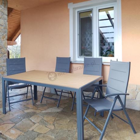 Meble ogrodowe obiadowe ze stołem 180cm i składanymi krzesłami (7 pozycji) - Kanbery Wood Antracite 8+1