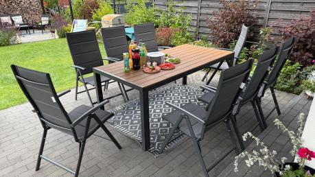 Meble ogrodowe obiadowe ze stołem 180cm i składanymi krzesłami (7 pozycji) - Kanbery Wood Antracite 8+1