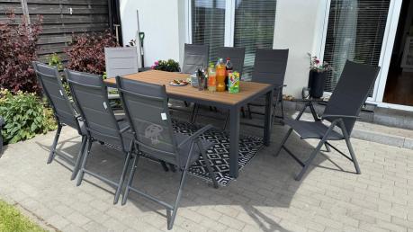 Meble ogrodowe obiadowe ze stołem 180cm i składanymi krzesłami (7 pozycji) - Kanbery Wood Antracite 8+1