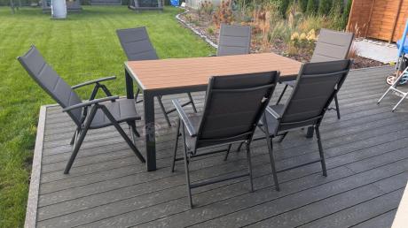Meble ogrodowe obiadowe ze stołem 180cm i składanymi krzesłami (7 pozycji) - Kanbery Wood Antracite 8+1