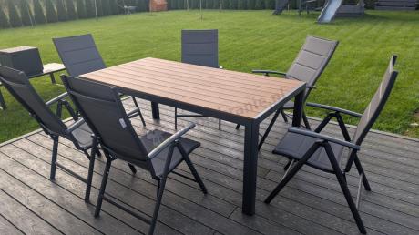 Meble ogrodowe obiadowe ze stołem 180cm i składanymi krzesłami (7 pozycji) - Kanbery Wood Antracite 8+1