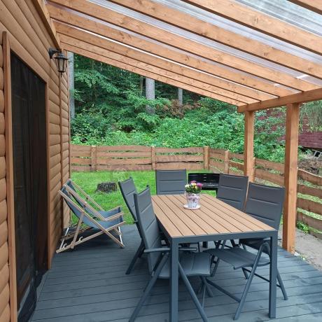 Meble ogrodowe obiadowe ze stołem 180cm i składanymi krzesłami (7 pozycji) - Kanbery Wood Antracite 8+1