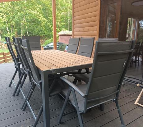 Meble ogrodowe obiadowe ze stołem 180cm i składanymi krzesłami (7 pozycji) - Kanbery Wood Antracite 8+1