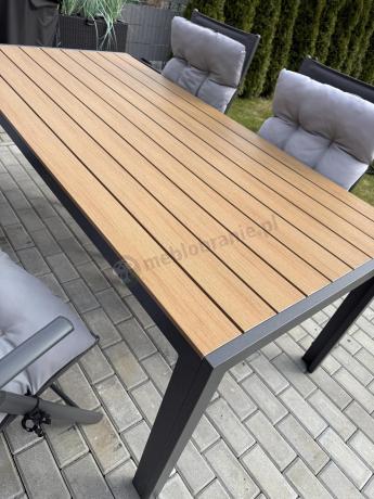 Meble ogrodowe obiadowe ze stołem 180cm i składanymi krzesłami (7 pozycji) - Kanbery Wood Antracite 8+1