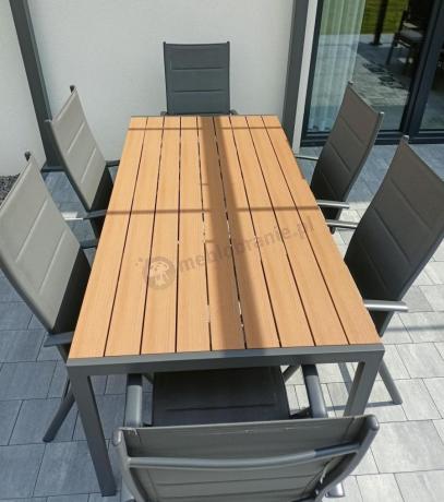 Meble ogrodowe obiadowe ze stołem 180cm i składanymi krzesłami (7 pozycji) - Kanbery Wood Antracite 8+1