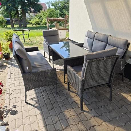 Meble ogrodowe technorattan z dwoma sofami 175cm, fotelami i wysokim stołem Lirata Grande, Antracyt