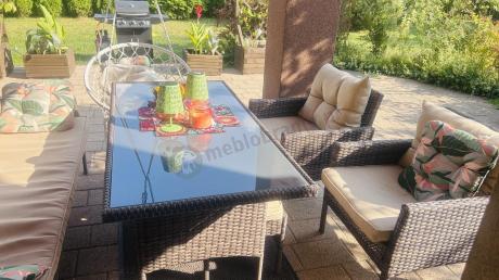 Meble ogrodowe z sofą 175cm, wysokim stołem, fotelami i pufami Perata Dining Brown