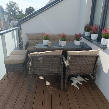 Meble ogrodowe z sofą 175cm, wysokim stołem, fotelami i pufami Perata Dining Brown