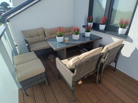 Meble ogrodowe z sofą 175cm, wysokim stołem, fotelami i pufami Perata Dining Brown