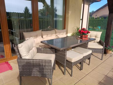 Meble ogrodowe z sofą 175cm, wysokim stołem, fotelami i pufami Perata Dining Brown