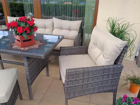 Meble ogrodowe z sofą 175cm, wysokim stołem, fotelami i pufami Perata Dining Brown