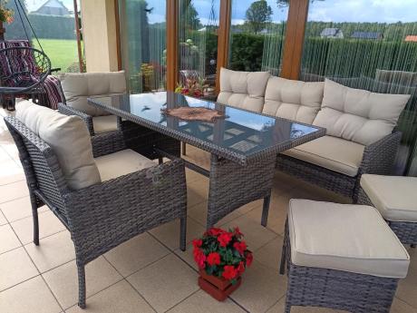 Meble ogrodowe z sofą 175cm, wysokim stołem, fotelami i pufami Perata Dining Brown