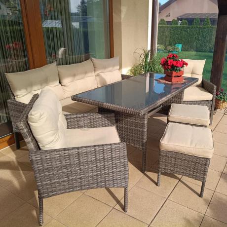 Meble ogrodowe z sofą 175cm, wysokim stołem, fotelami i pufami Perata Dining Brown