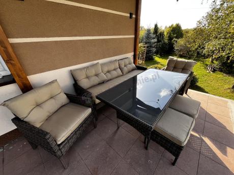 Meble ogrodowe z sofą 175cm, wysokim stołem, fotelami i pufami Perata Dining Brown