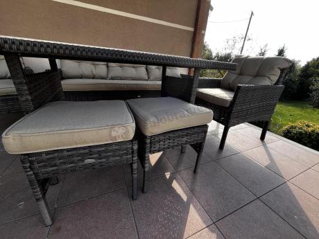 Meble ogrodowe z sofą 175cm, wysokim stołem, fotelami i pufami Perata Dining Brown