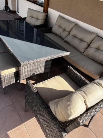 Meble ogrodowe z sofą 175cm, wysokim stołem, fotelami i pufami Perata Dining Brown