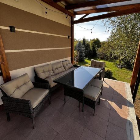 Meble ogrodowe z sofą 175cm, wysokim stołem, fotelami i pufami Perata Dining Brown