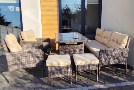 Meble ogrodowe z sofą 175cm, wysokim stołem, fotelami i pufami Perata Dining Brown