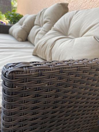 Meble ogrodowe z sofą 175cm, wysokim stołem, fotelami i pufami Perata Dining Brown