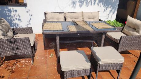 Meble ogrodowe z sofą 175cm, wysokim stołem, fotelami i pufami Perata Dining Brown