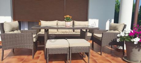 Meble ogrodowe z sofą 175cm, wysokim stołem, fotelami i pufami Perata Dining Brown