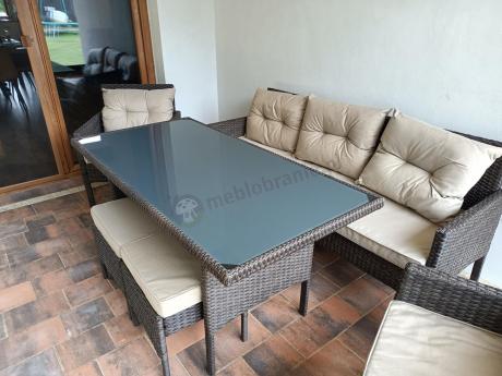 Meble ogrodowe z sofą 175cm, wysokim stołem, fotelami i pufami Perata Dining Brown