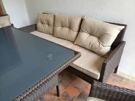 Meble ogrodowe z sofą 175cm, wysokim stołem, fotelami i pufami Perata Dining Brown