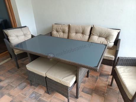Meble ogrodowe z sofą 175cm, wysokim stołem, fotelami i pufami Perata Dining Brown