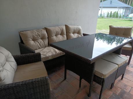 Meble ogrodowe z sofą 175cm, wysokim stołem, fotelami i pufami Perata Dining Brown
