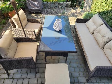 Meble ogrodowe z sofą 175cm, wysokim stołem, fotelami i pufami Perata Dining Brown
