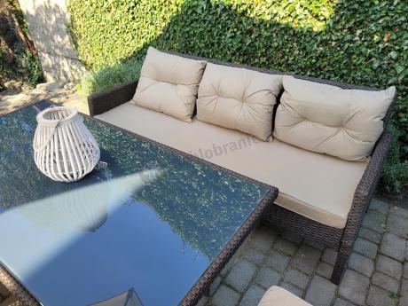 Meble ogrodowe z sofą 175cm, wysokim stołem, fotelami i pufami Perata Dining Brown