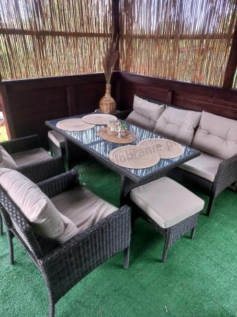 Meble ogrodowe z sofą 175cm, wysokim stołem, fotelami i pufami Perata Dining Brown