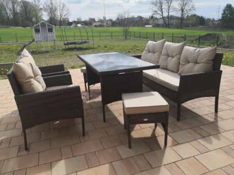 Meble ogrodowe z sofą 175cm, wysokim stołem, fotelami i pufami Perata Dining Brown