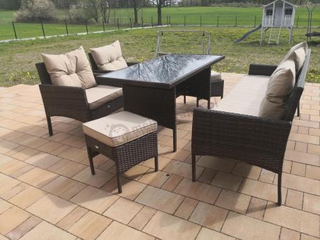 Meble ogrodowe z sofą 175cm, wysokim stołem, fotelami i pufami Perata Dining Brown