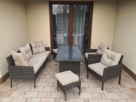 Meble ogrodowe z sofą 175cm, wysokim stołem, fotelami i pufami Perata Dining Brown
