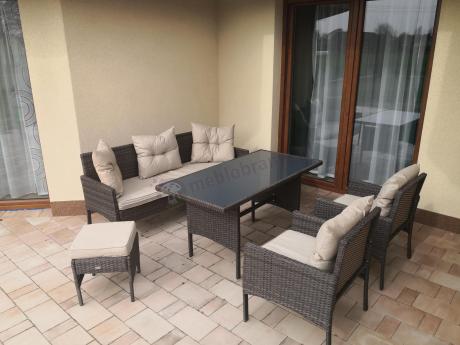 Meble ogrodowe z sofą 175cm, wysokim stołem, fotelami i pufami Perata Dining Brown