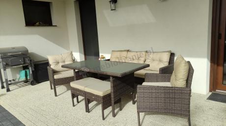 Meble ogrodowe z sofą 175cm, wysokim stołem, fotelami i pufami Perata Dining Brown