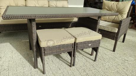 Meble ogrodowe z sofą 175cm, wysokim stołem, fotelami i pufami Perata Dining Brown