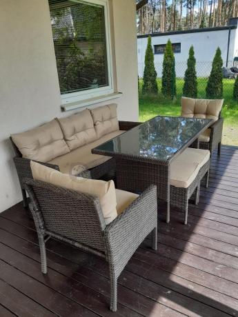 Meble ogrodowe z sofą 175cm, wysokim stołem, fotelami i pufami Perata Dining Brown