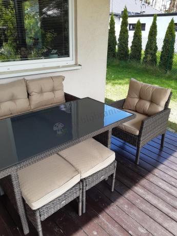 Meble ogrodowe z sofą 175cm, wysokim stołem, fotelami i pufami Perata Dining Brown
